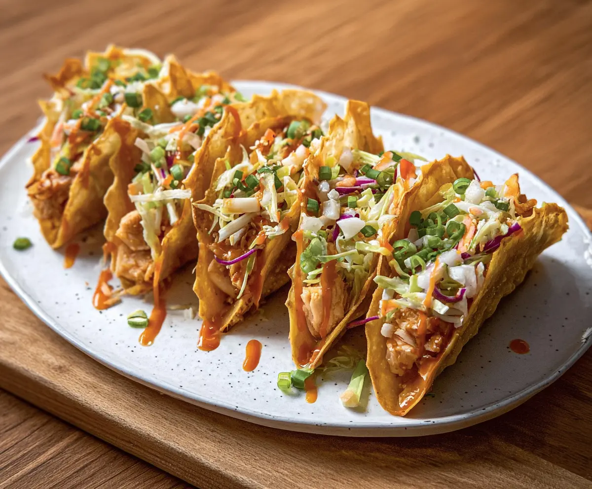 Delicious Chicken Wonton Tacos garnished with fresh herbs and sliced vegetables on a plate.