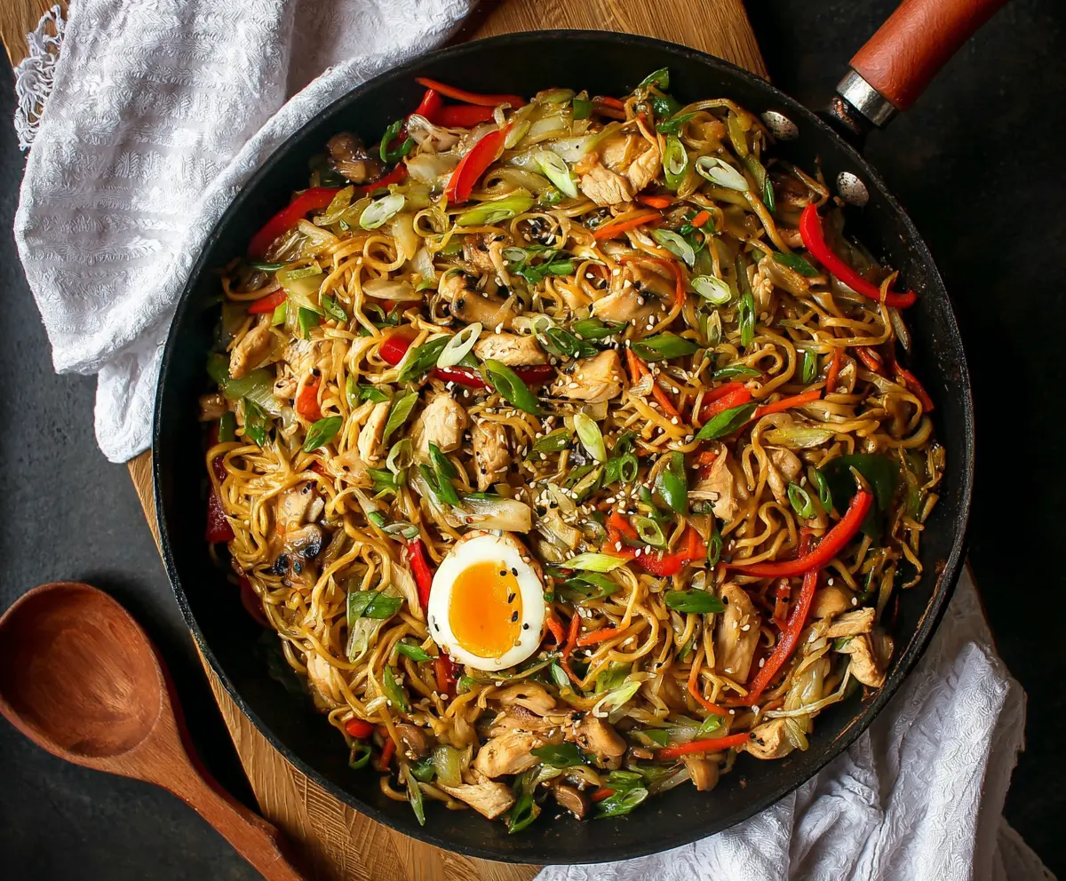 Delicious Chicken Yakisoba Noodles stir-fry with vegetables on a plate.