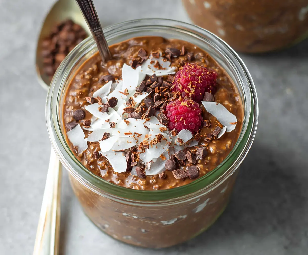 Creamy chocolate coconut overnight oats topped with shredded coconut and chocolate chips