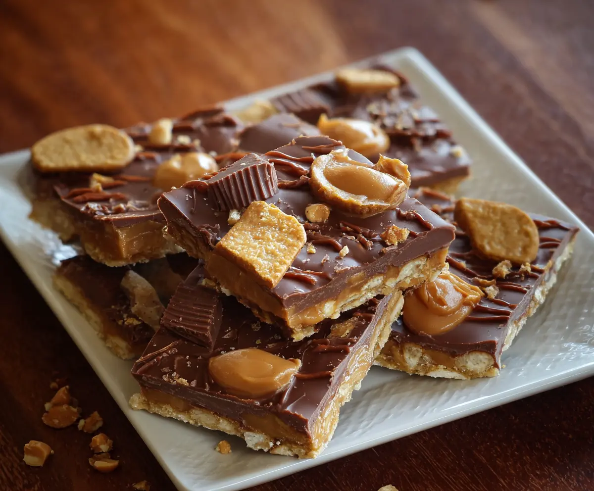 Delicious chocolate peanut butter cup cracker toffee layered with rich chocolate and creamy peanut butter on a baking sheet.