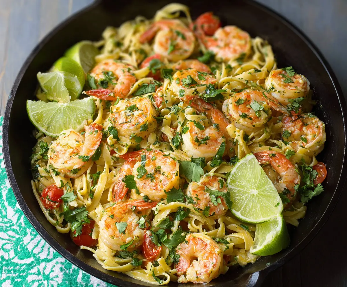 Delicious cilantro lime shrimp pasta garnished with fresh cilantro and lime wedges.