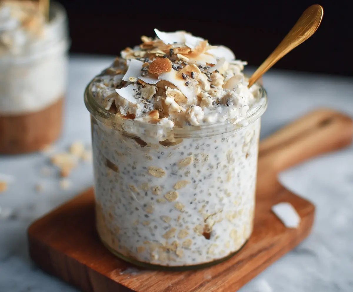 Creamy coconut overnight oats topped with shredded coconut and fresh fruit for a healthy breakfast.