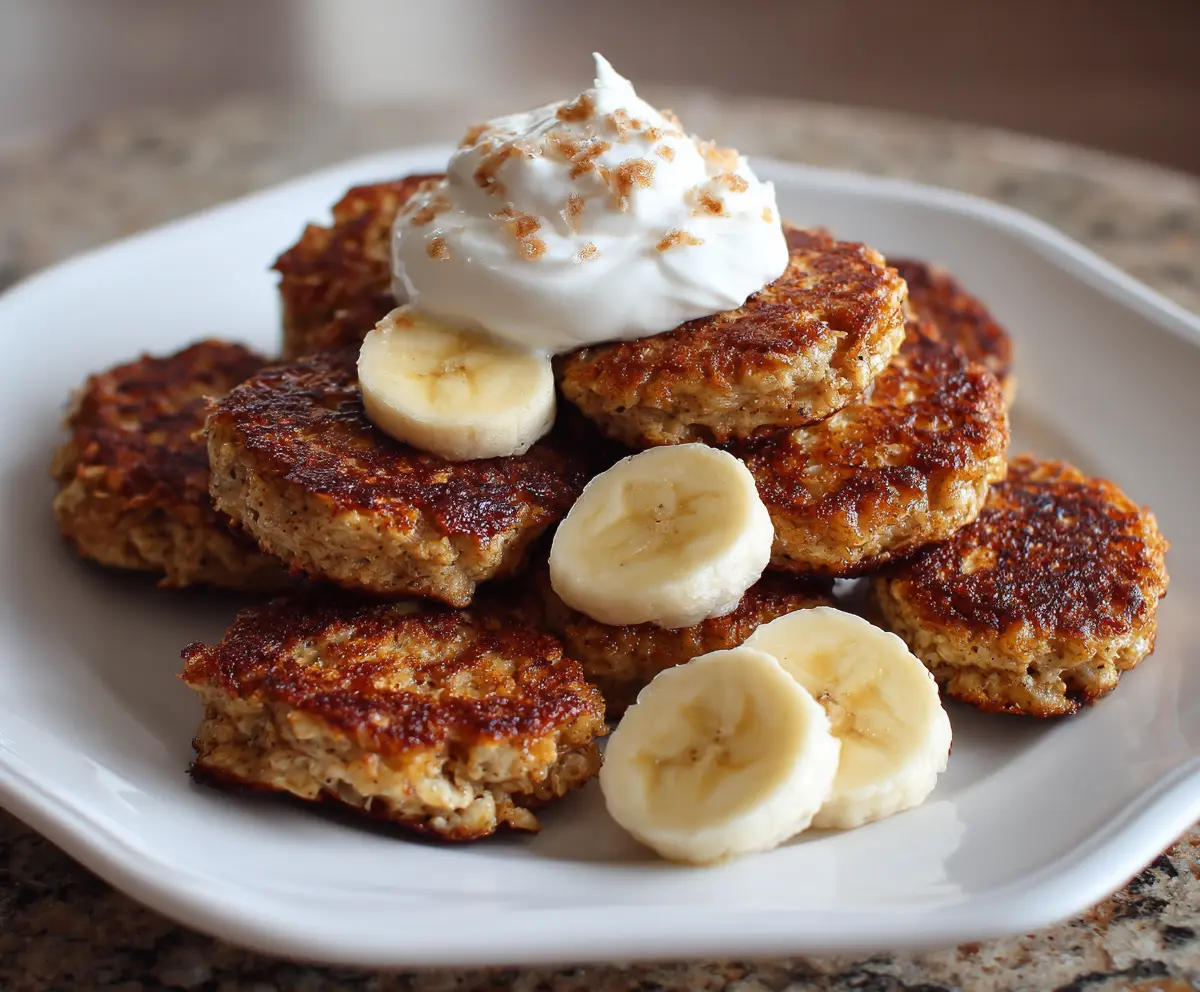 Delicious cottage cheese banana oat pancake bites on a plate, perfect for healthy breakfast or snack.