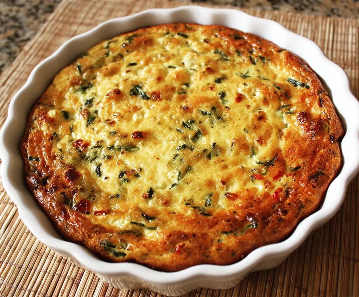 Delicious cottage cheese crustless quiche with fresh vegetables and melted cheese, served on a wooden plate.