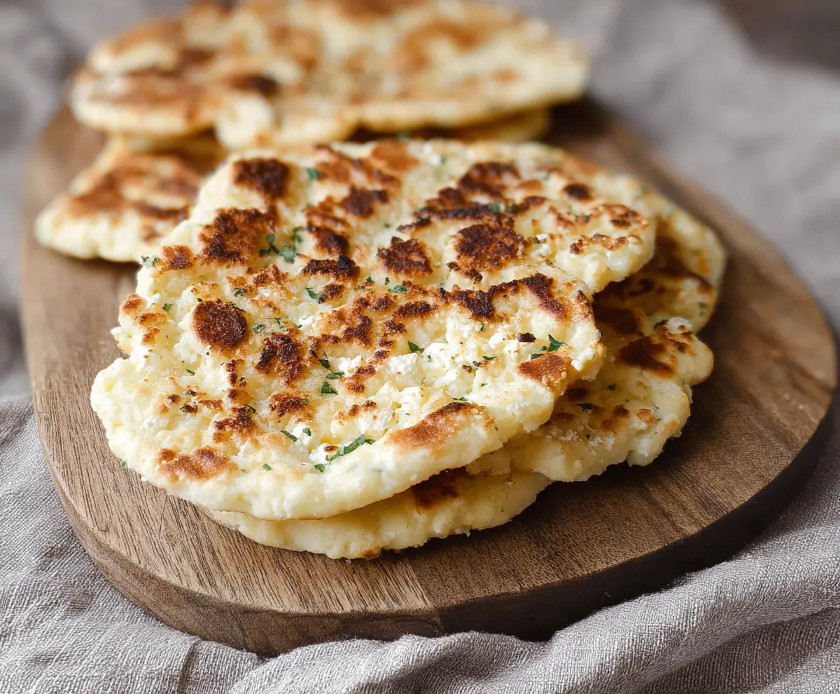 Delicious homemade cottage cheese flatbread topped with herbs on a rustic wooden table.