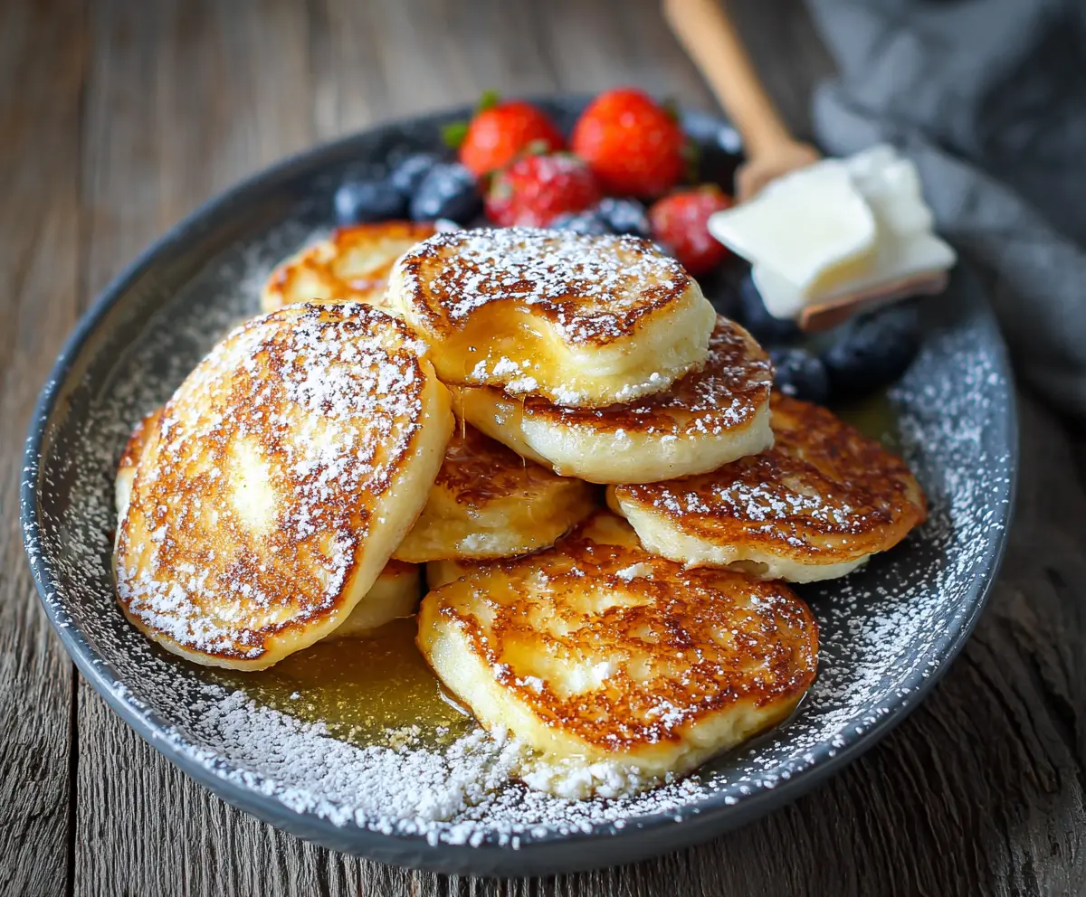 Delicious homemade cottage cheese pancakes served with fresh fruit and syrup.