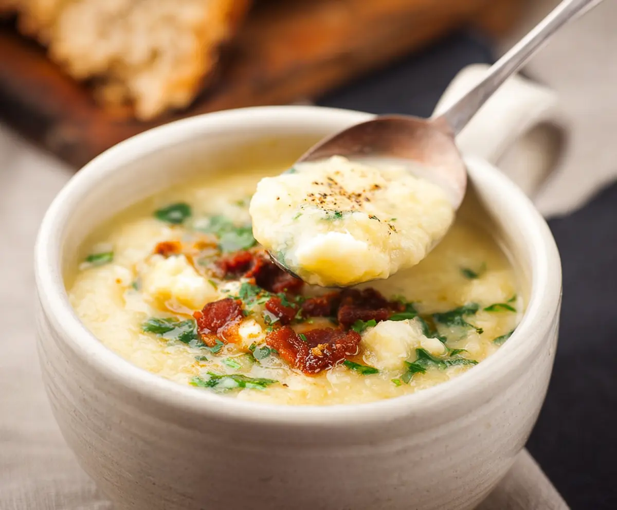 Creamy Cottage Cheese Potato Soup served in a rustic bowl, garnished with herbs for a comforting meal.