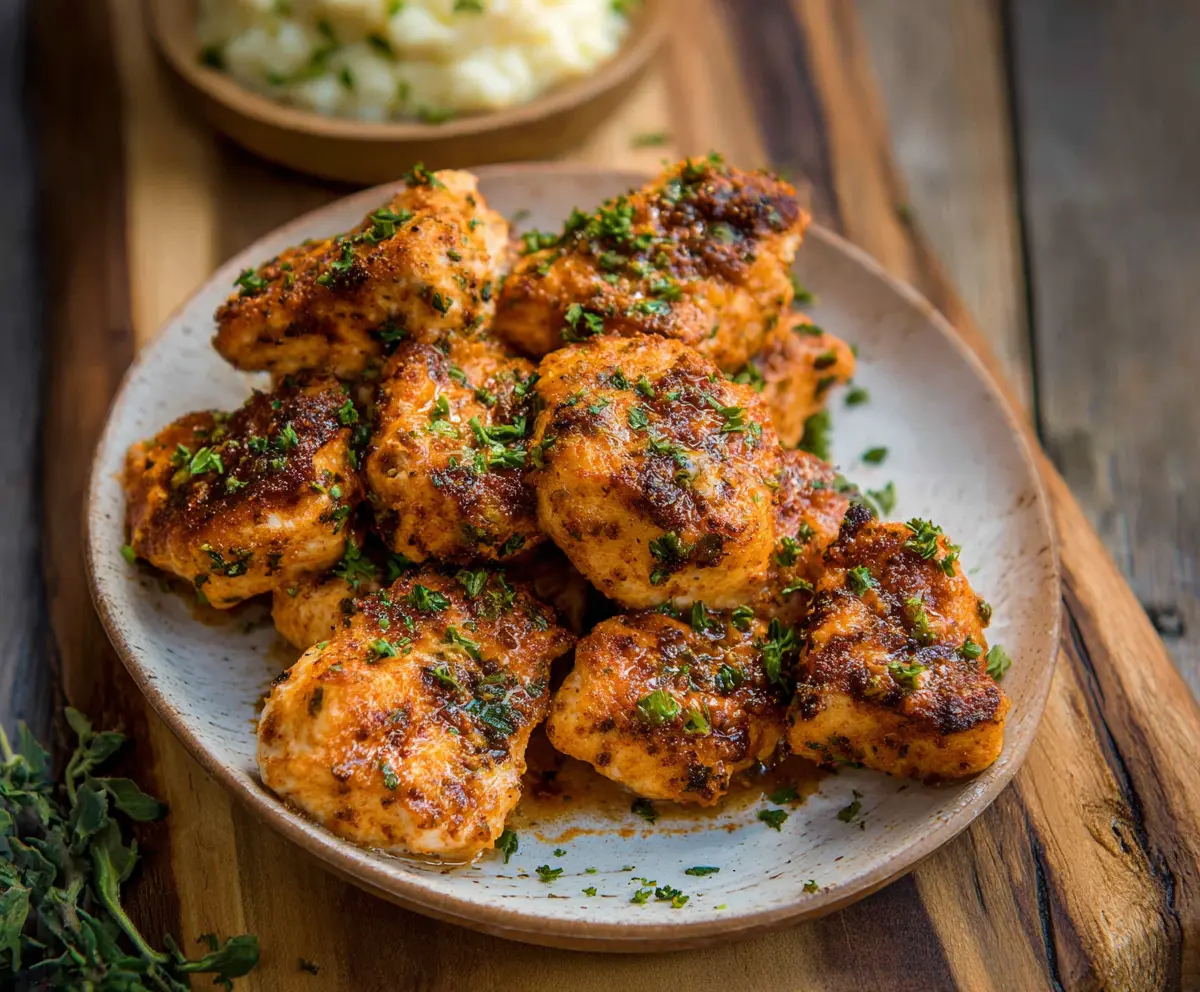 Juicy Cowboy Butter Chicken Bites garnished with herbs on a white plate.