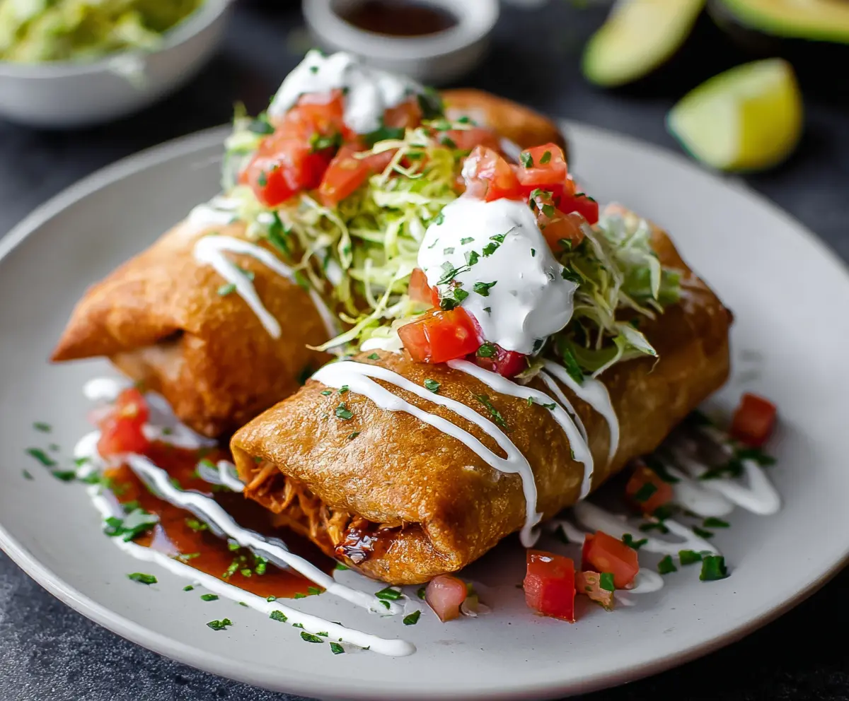Golden crispy chicken chimichanga on a plate with toppings and salsa.