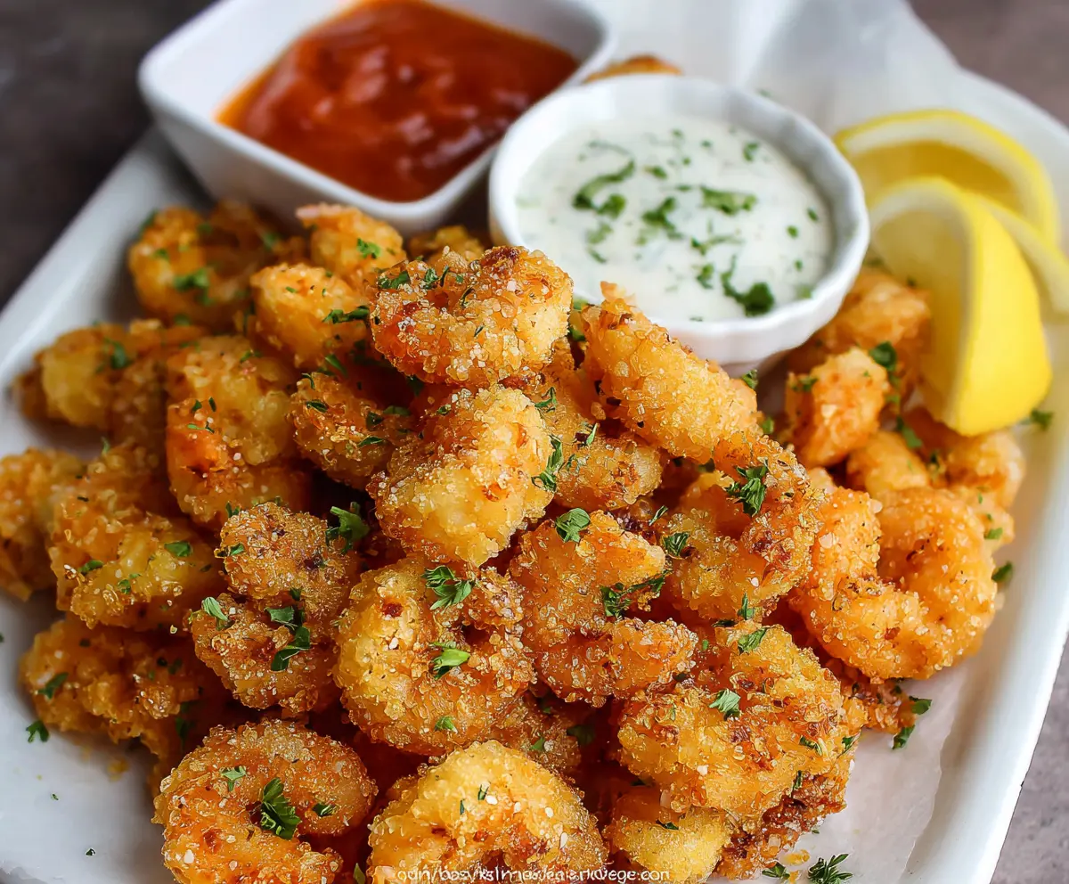 Crispy popcorn shrimp served with lemon wedges on a plate