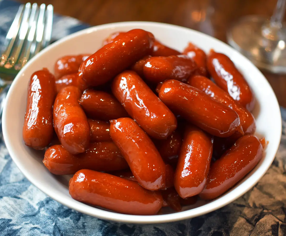 Delicious crock pot little smokies sausage bites served on a plate for a party appetizer.