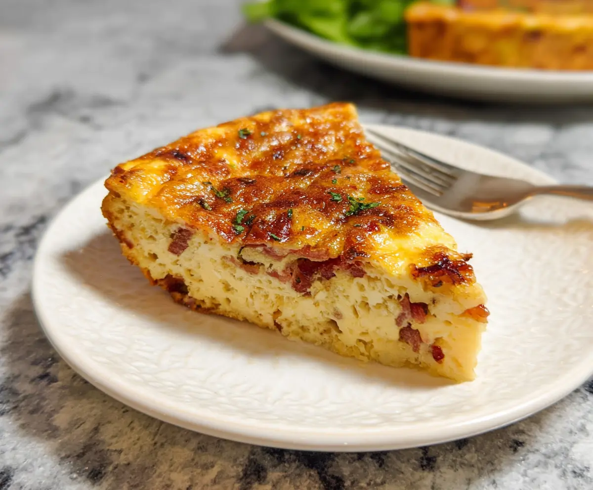 Delicious crustless bacon and cheese quiche served on a white plate, perfect for breakfast or brunch.
