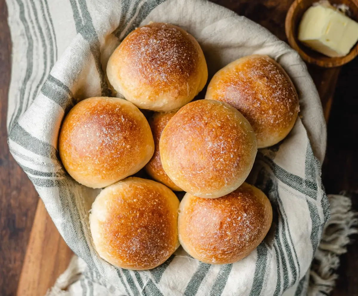 Golden brown crusty sourdough dinner rolls served fresh on a rustic wooden table.