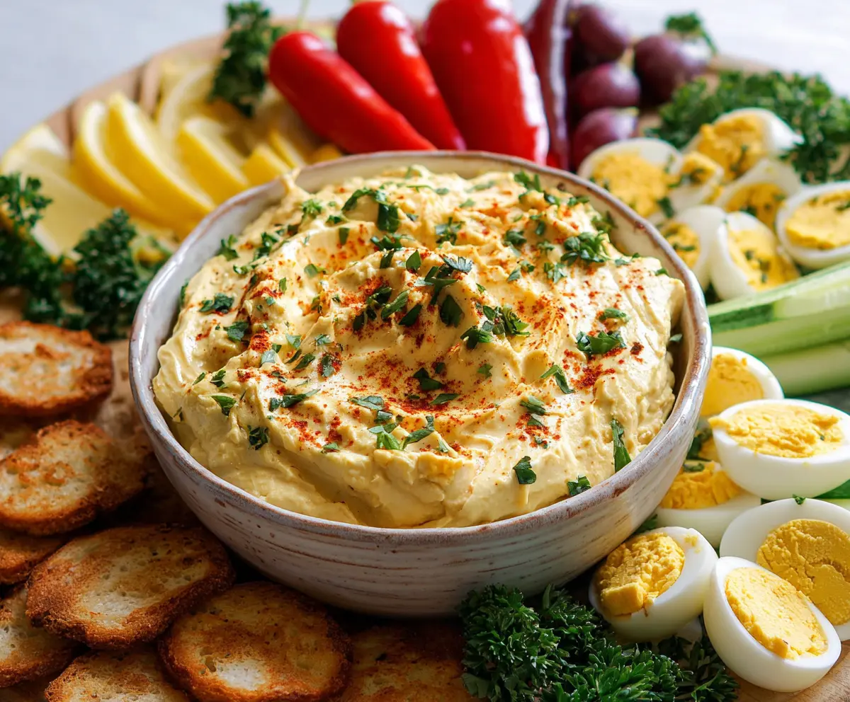 Creamy deviled eggs dip served in a bowl with garnishes for a savory appetizer