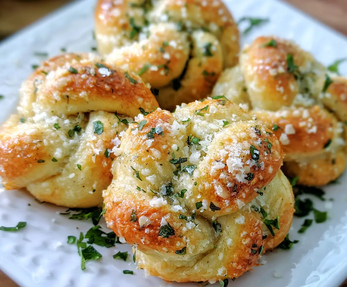 Golden-brown garlic Parmesan knots on a white plate, garnished with fresh parsley.