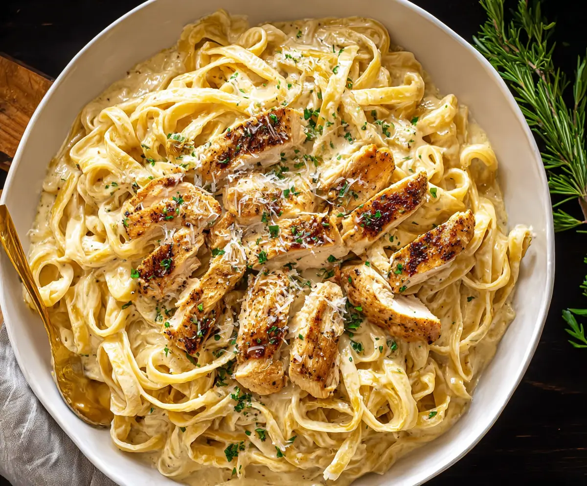 Creamy Fettuccine Alfredo with tender chicken slices on a plates