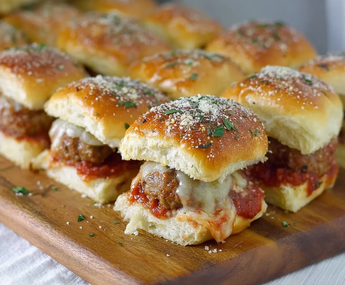Delicious Garlic Parmesan Meatball Sliders with melted cheese and fresh herbs
