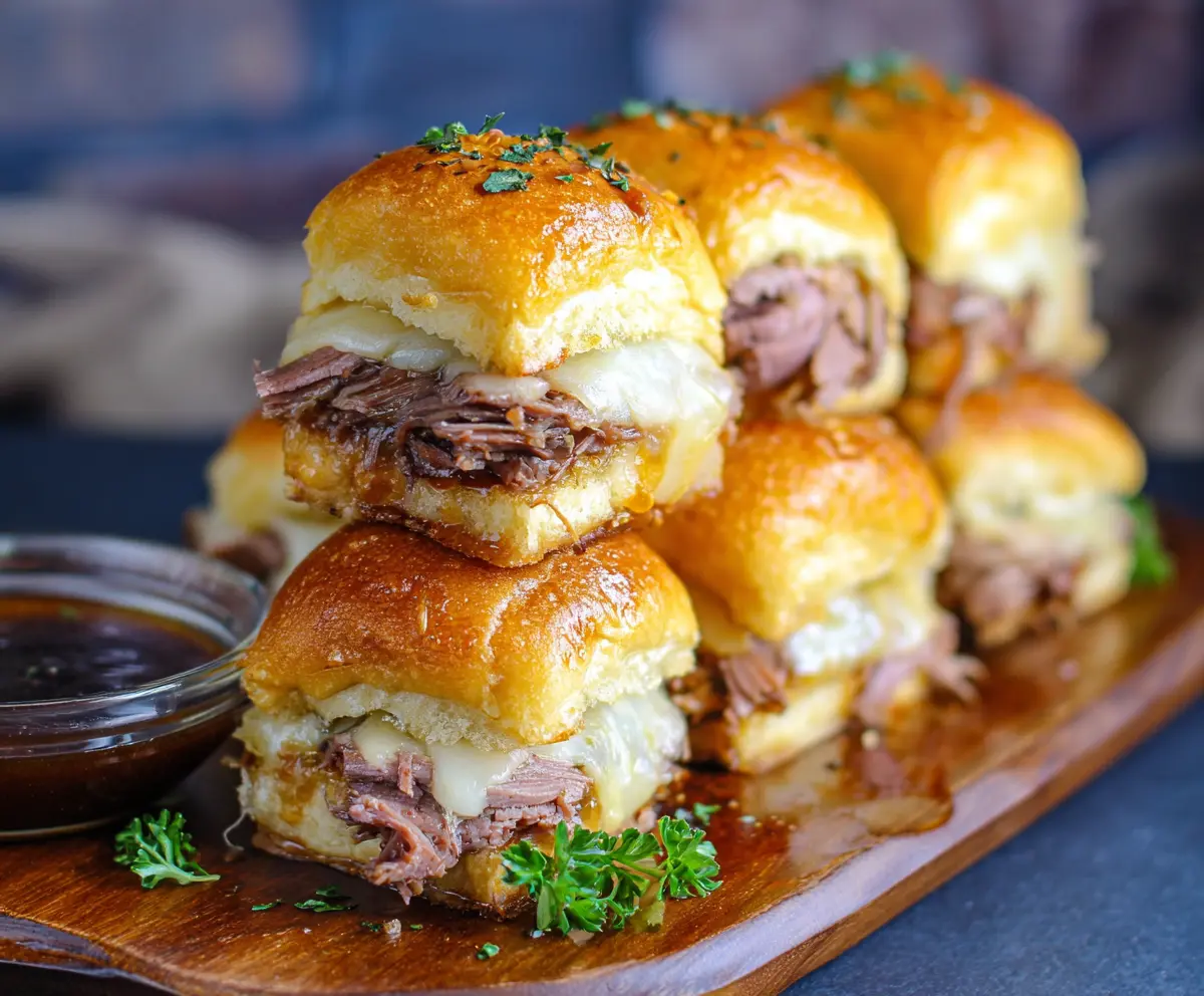 Delicious French Dip Sliders with tender roast beef and melted cheese in soft slider buns.