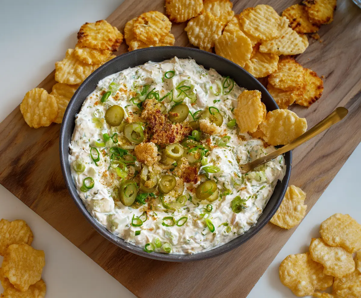 Creamy Fried Pickle Dip served with crispy chips, perfect for snack lovers.