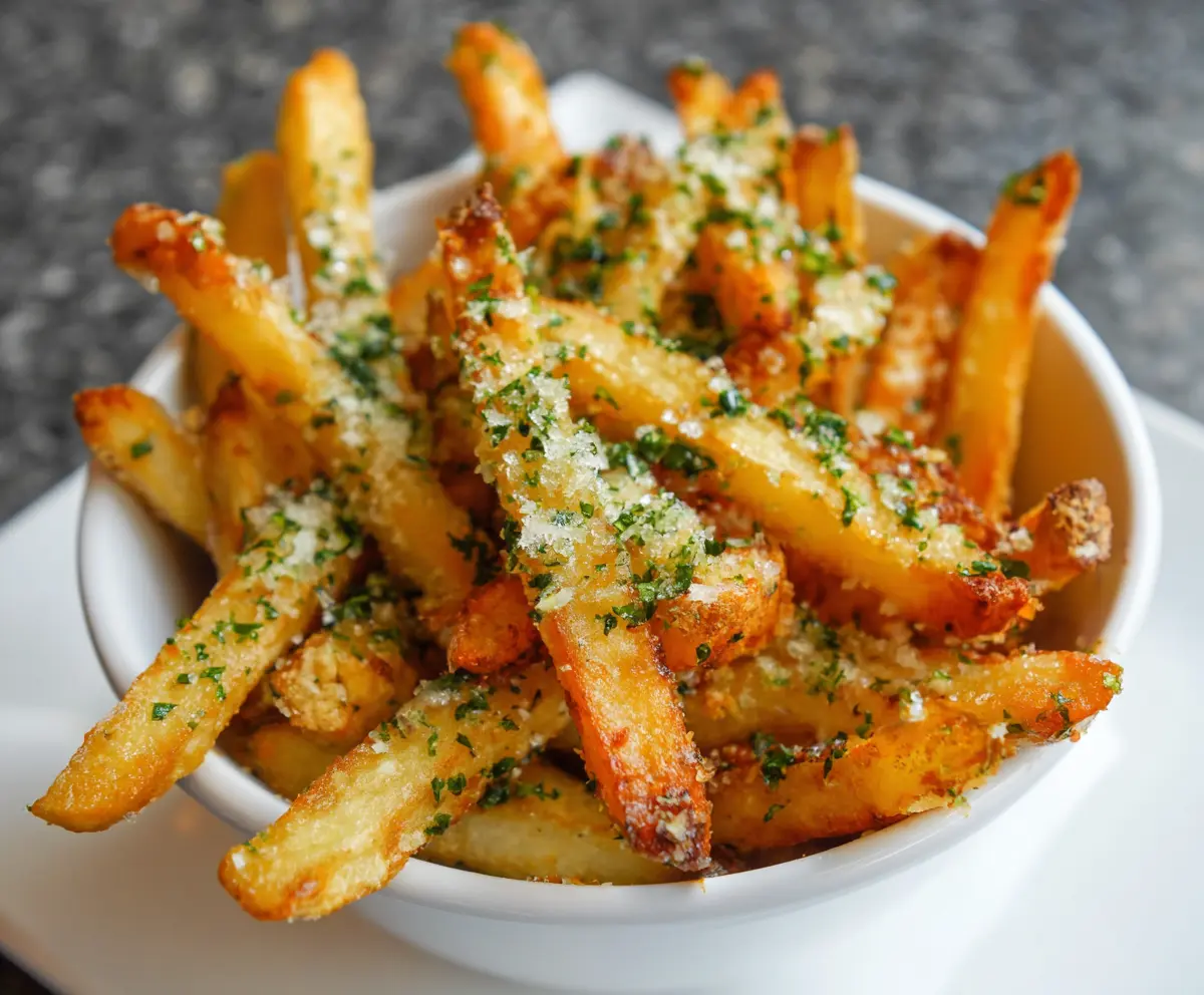Crispy garlic and Parmesan French fries served with fresh herbs.