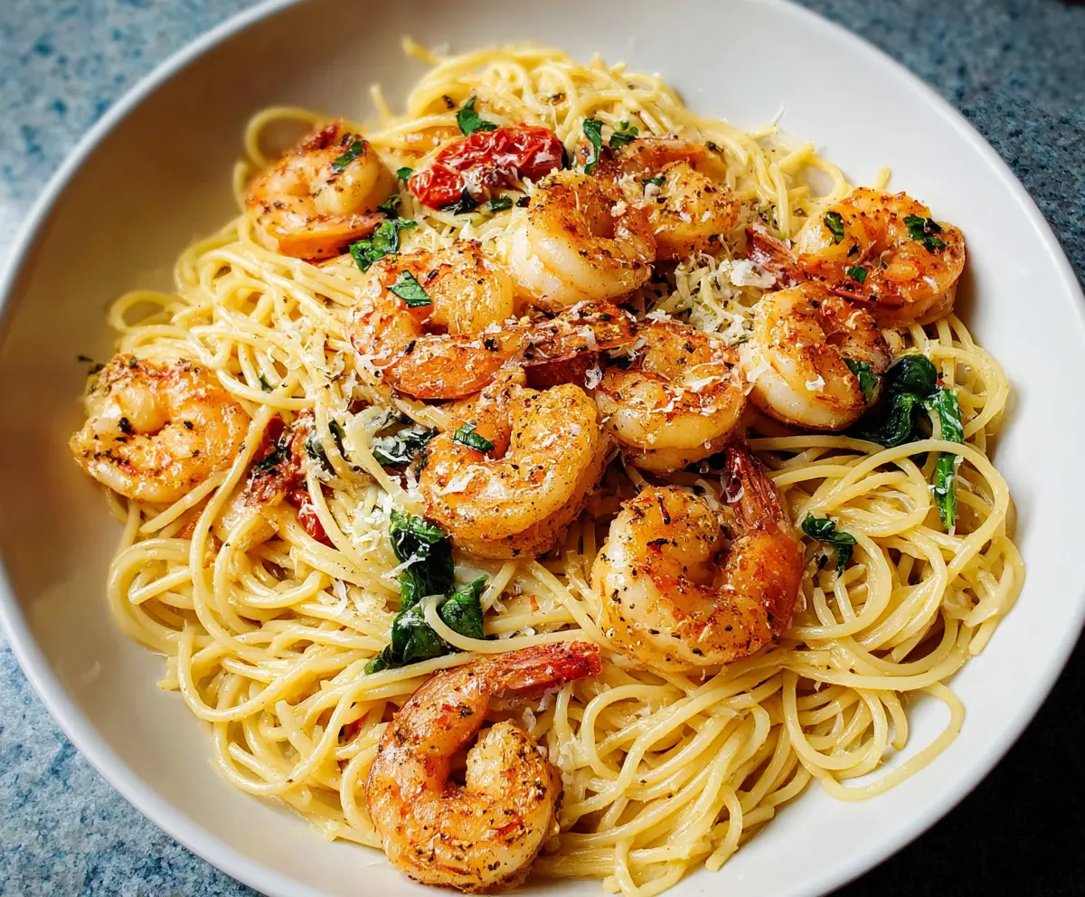 Creamy garlic butter shrimp pasta served with fresh herbs on a white plate.