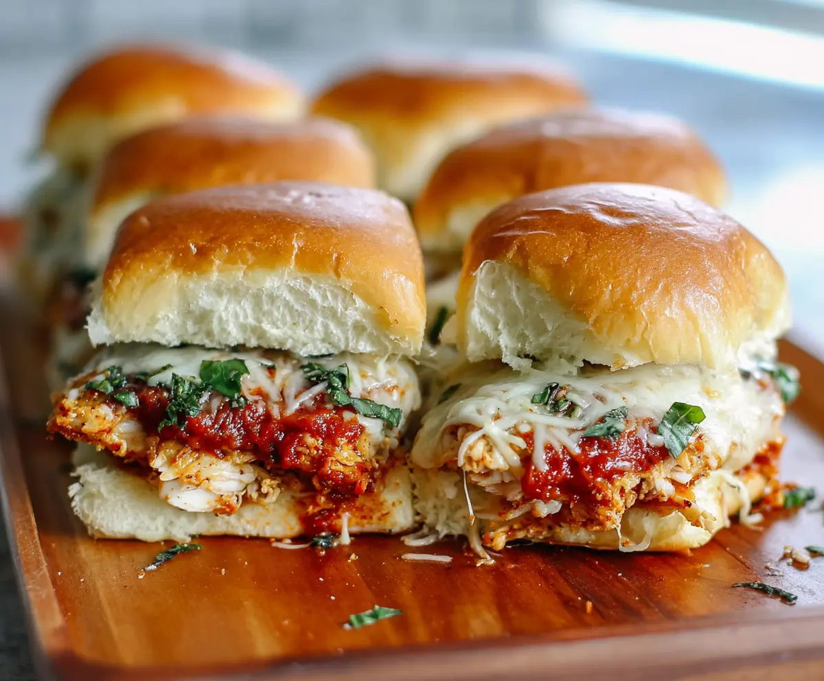 Delicious Garlic Chicken Parmesan Sliders with melted cheese and crispy bread rolls.