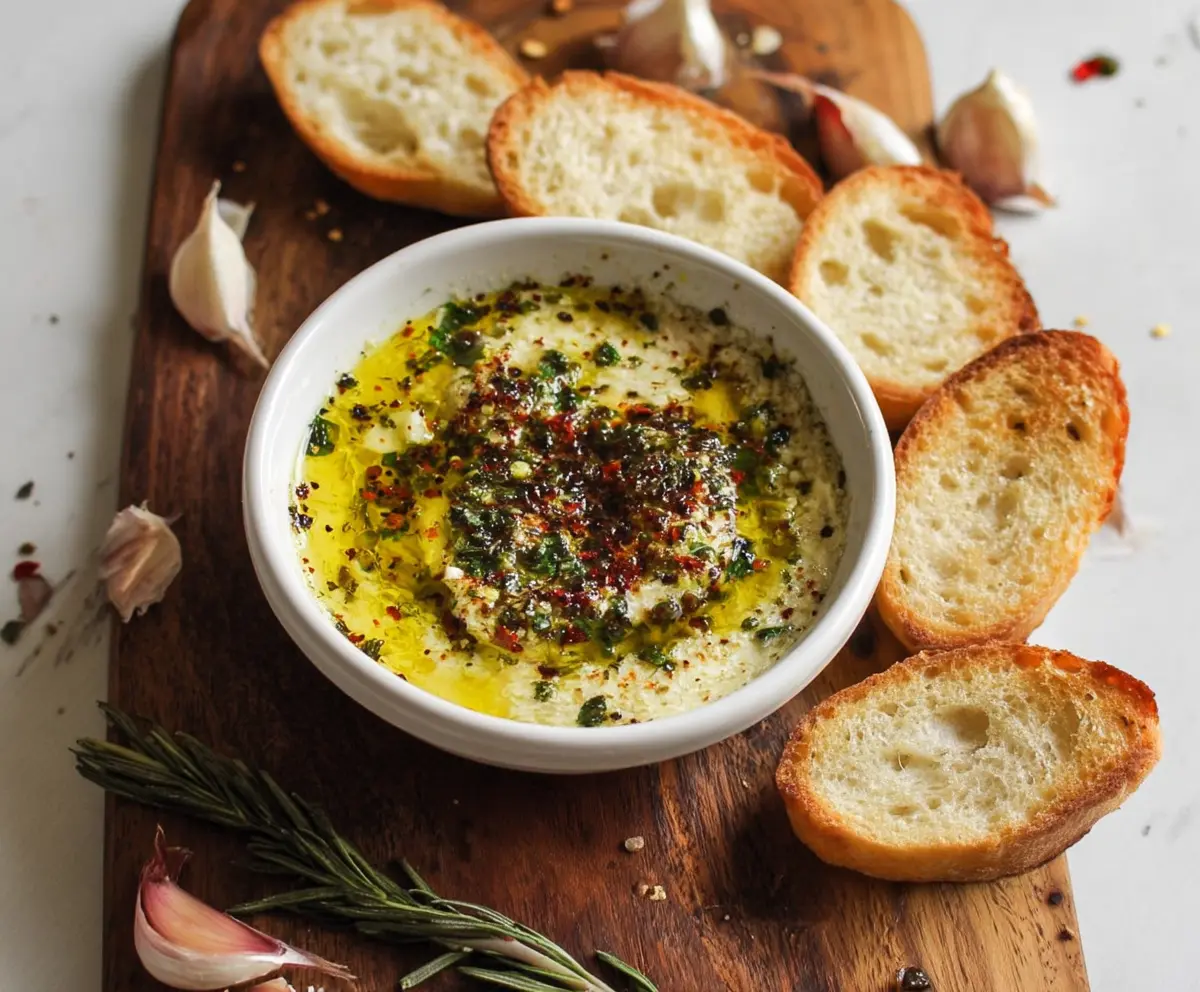 Delicious garlic olive oil dip served in a small bowl, garnished with fresh herbs for a flavorful appetizer.