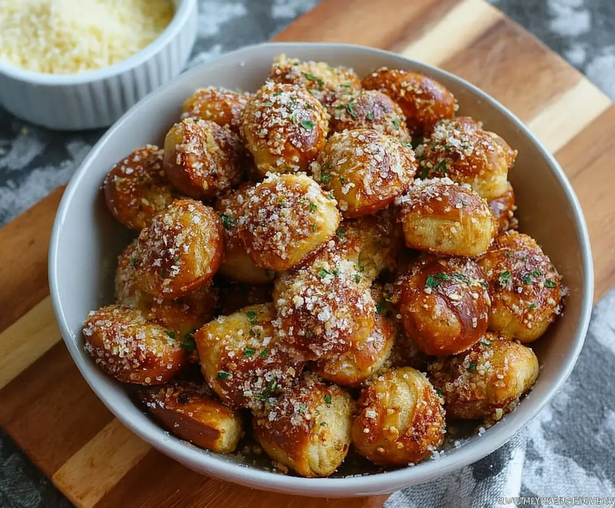 Delicious garlic Parmesan pretzel bites with cheesy toppings and golden-brown crust.