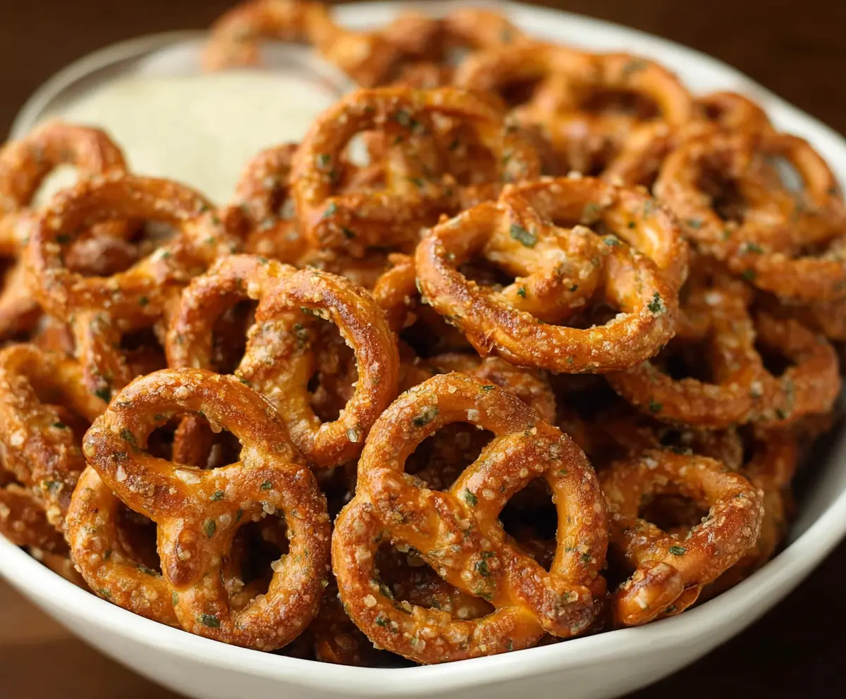 Crispy garlic ranch pretzels served in a bowl for snack time.
