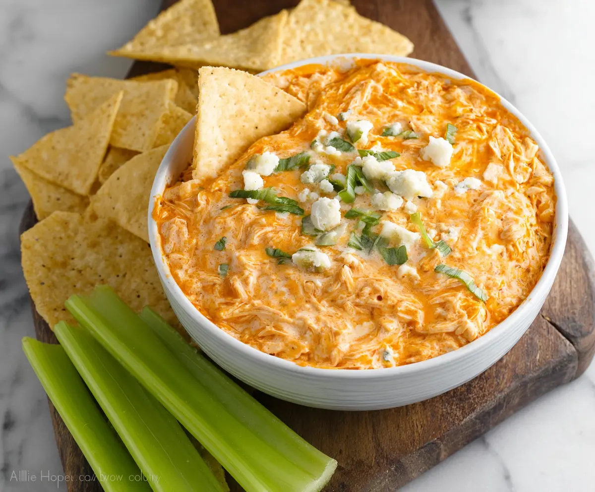 Creamy Greek Yogurt Buffalo Chicken Dip served with fresh vegetables, perfect for snacking or parties.