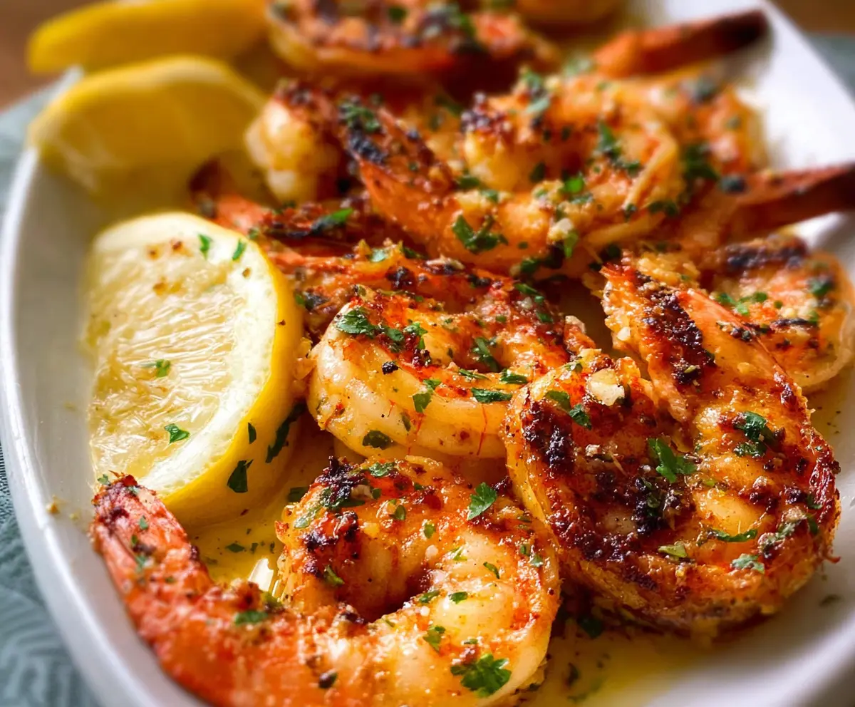 Delicious grilled lemon garlic shrimp served on a platter, perfect for summer BBQs.