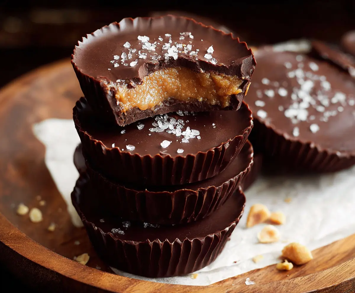 Healthy dark chocolate peanut butter cups on a plate with natural ingredients.