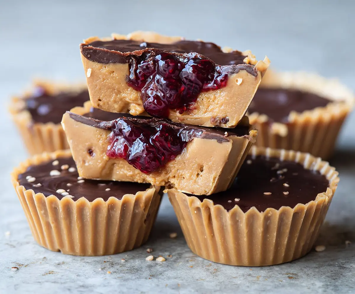 Delicious healthy peanut butter and jelly cups served in a glass bowl, perfect for a nutritious snack.