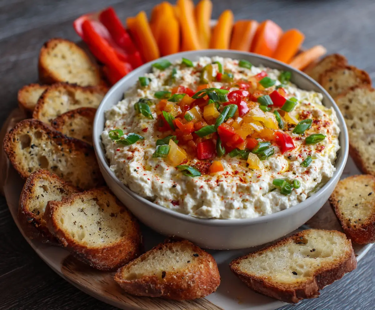 Creamy high protein cottage cheese giardiniera dip served with fresh vegetables for healthy snacking.