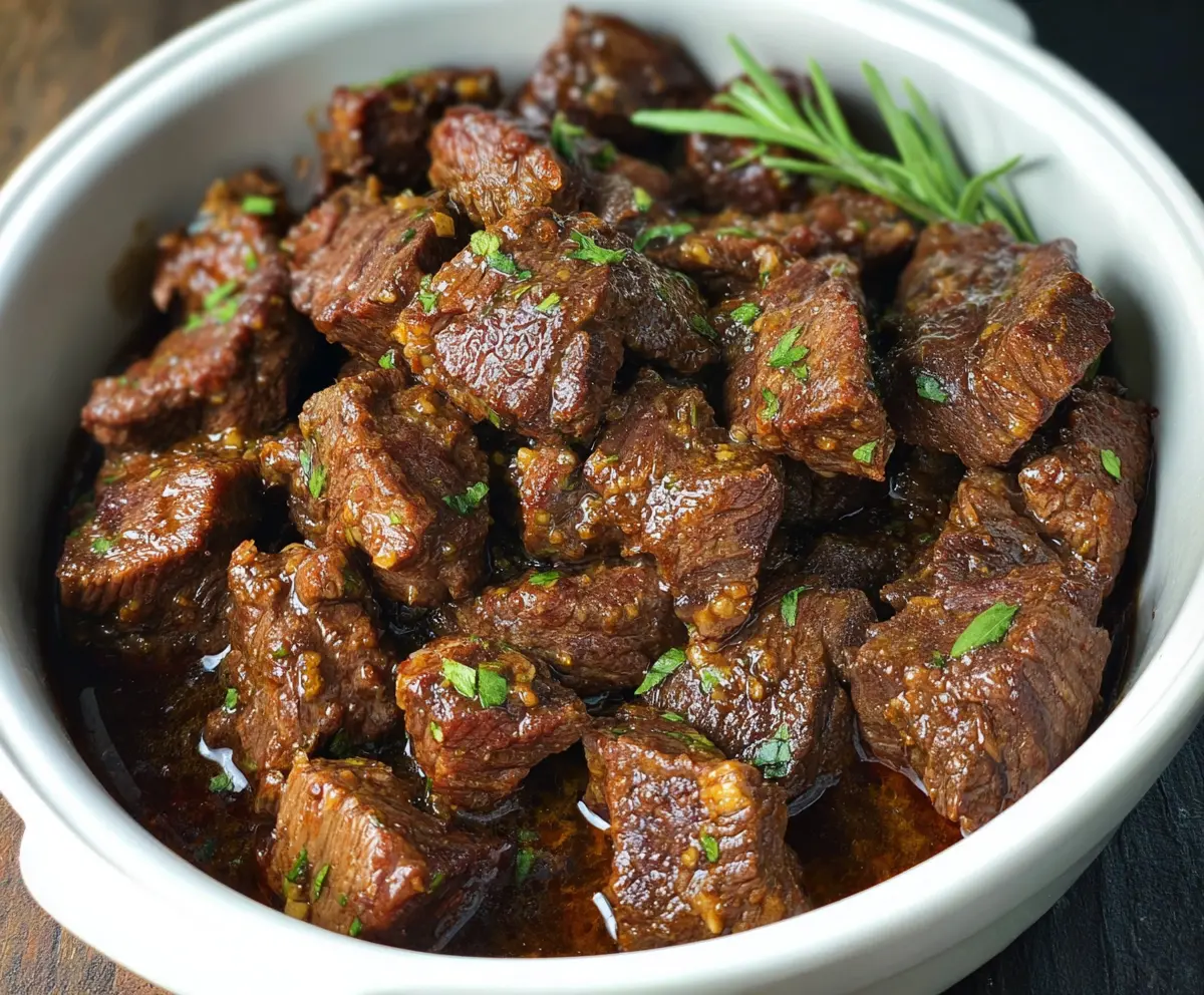 Delicious high protein garlic butter beef bites cooked in a slow cooker, perfect for a savory meal.