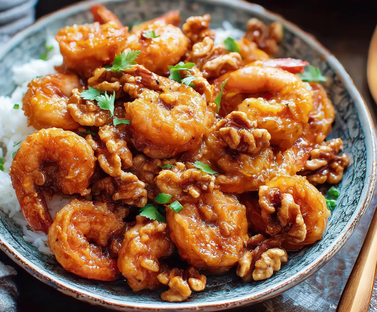 Delicious honey walnut shrimp served on a white plate with crispy walnuts and sweet honey glaze