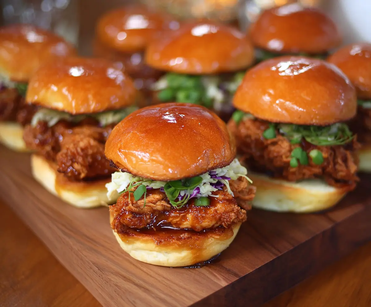 Delicious Hot Honey Chicken Sliders with crispy bun and spicy drizzle on a plate.