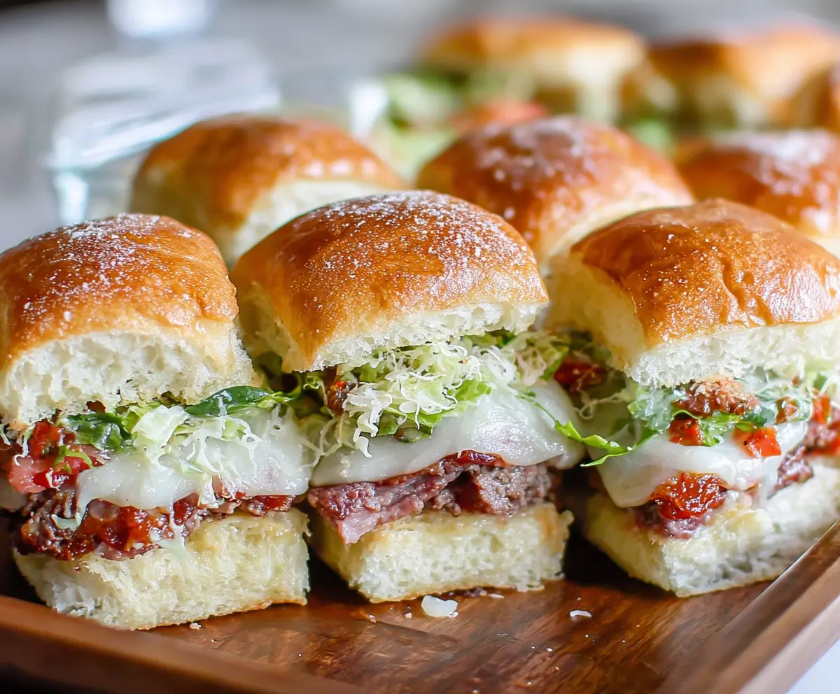 Italian Grinder Sliders with melted cheese, deli meats, and fresh vegetables served in mini sandwich buns.