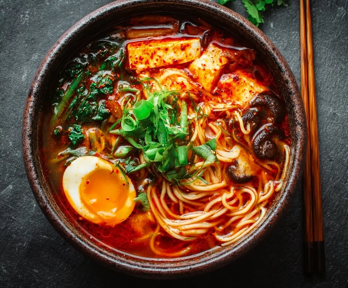 Delicious Kimchi Ramen Soup in a bowl with noodles, vegetables, and spicy broth
