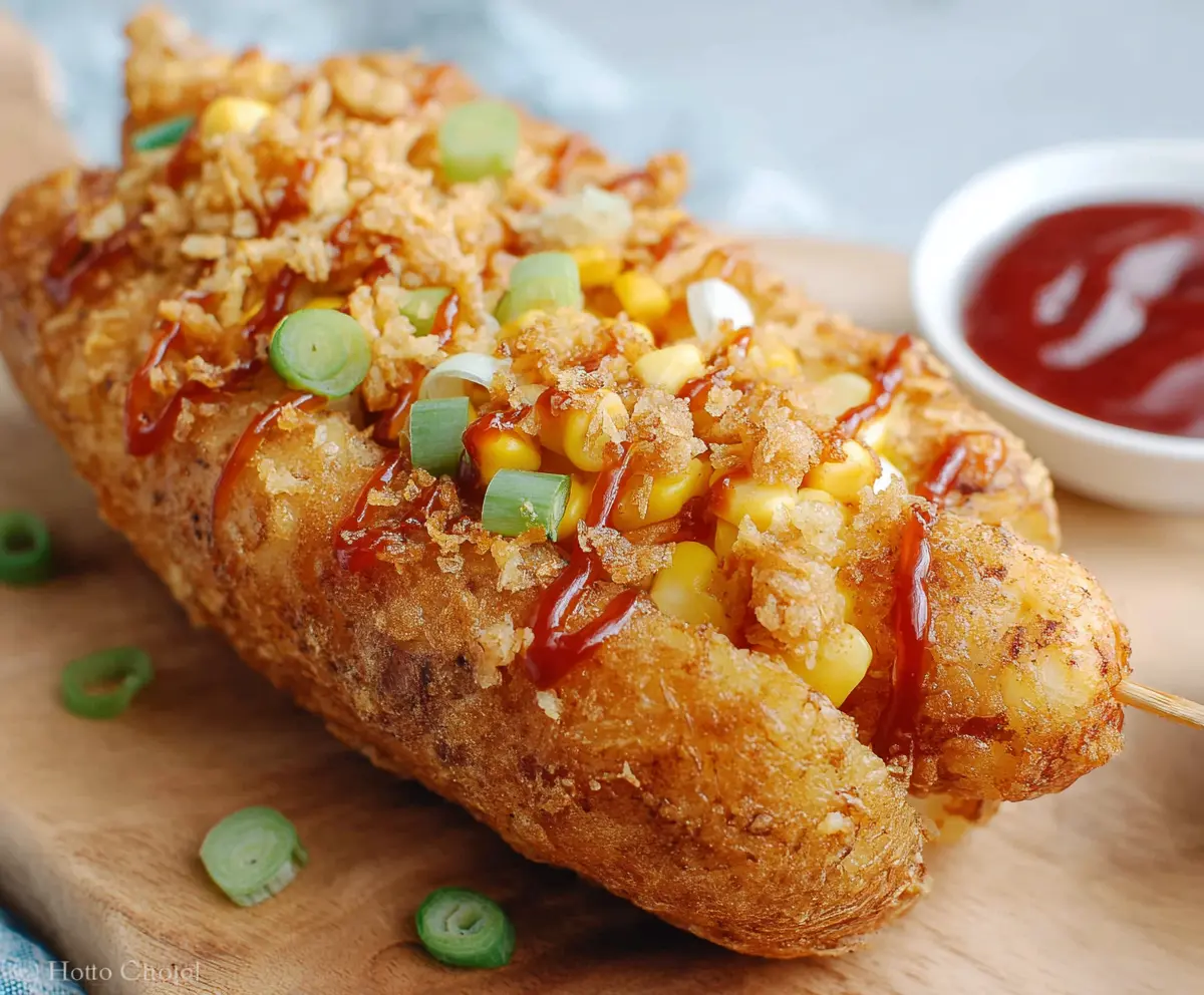 Delicious Korean Potato Hot Dog with crispy coating and melted cheese on a white plate.
