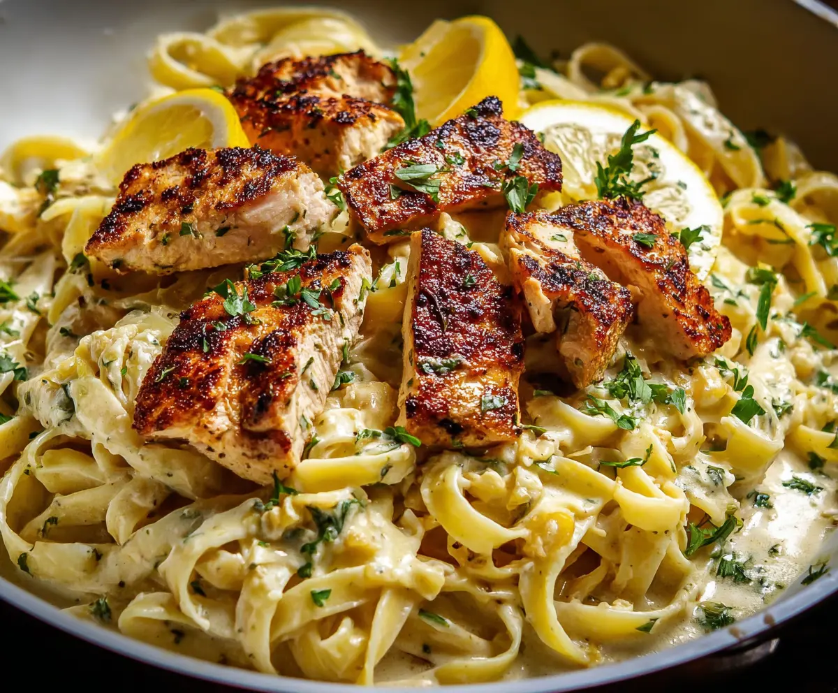 Delicious lemon chicken pasta dish with fresh herbs and creamy sauce.
