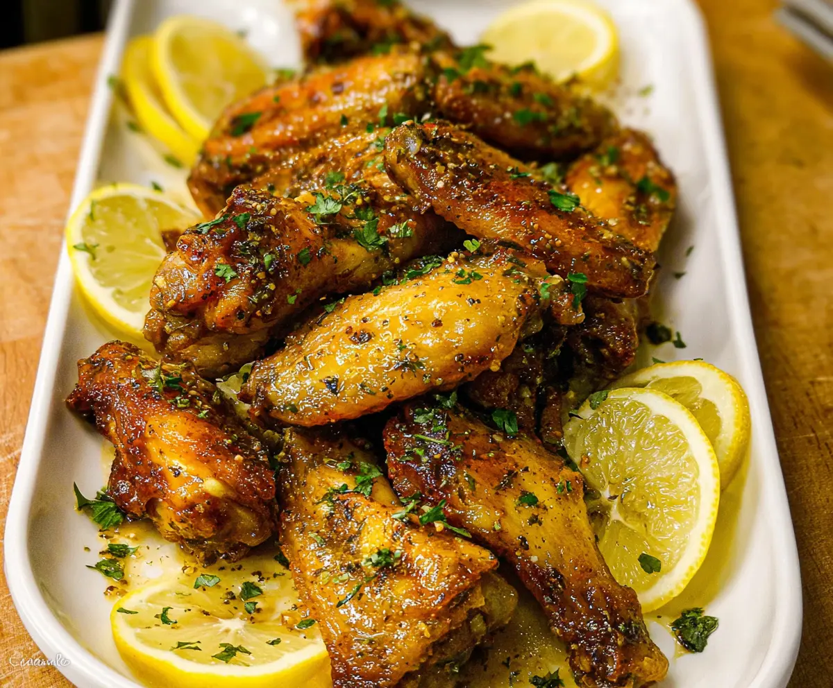 Juicy Lemon Pepper Wings garnished with fresh herbs on a white plate, perfect for appetizers or game day snacks.