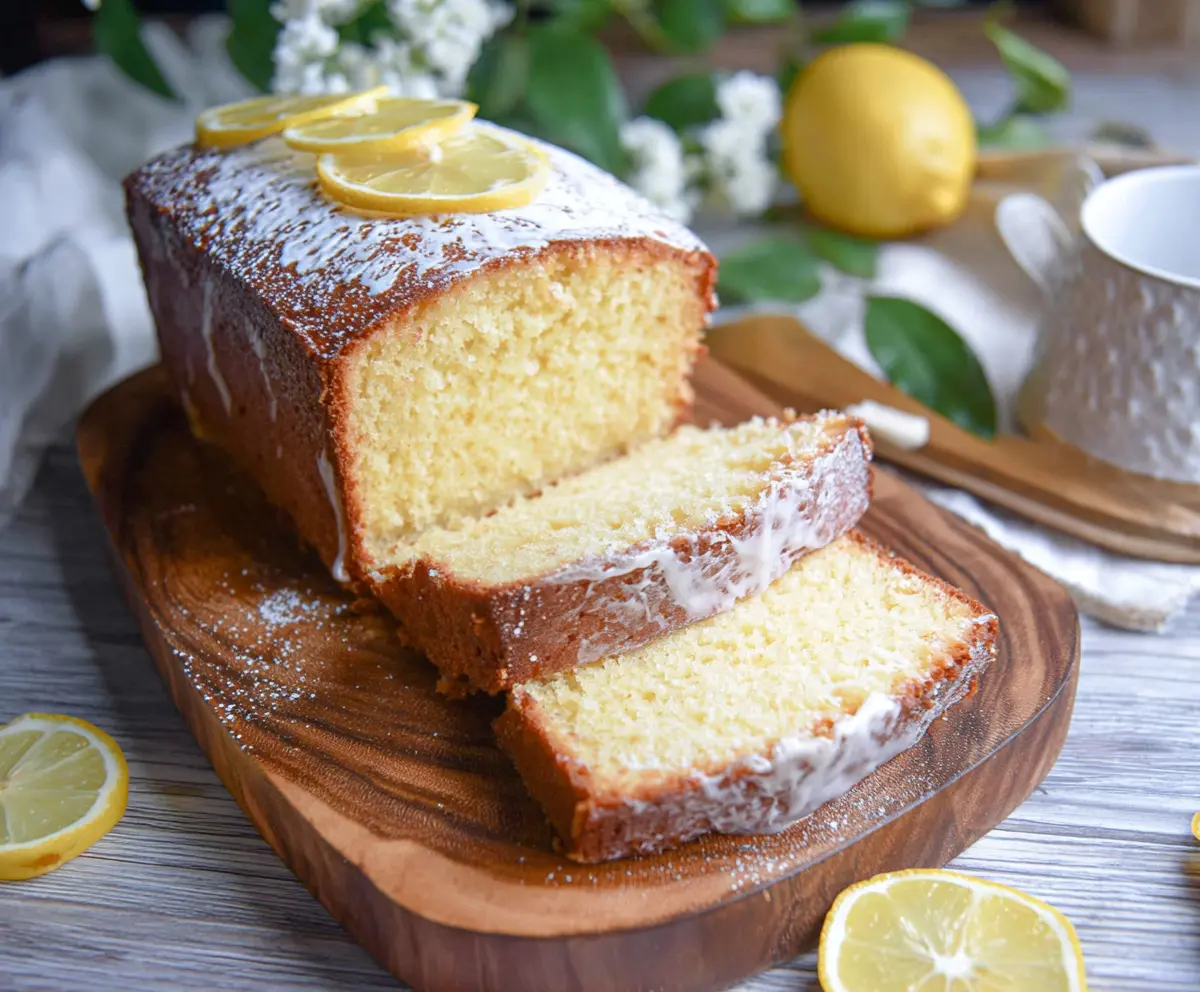 Delicious Lemon Sourdough Discard Cake on a plate garnished with lemon slices and powdered sugar.