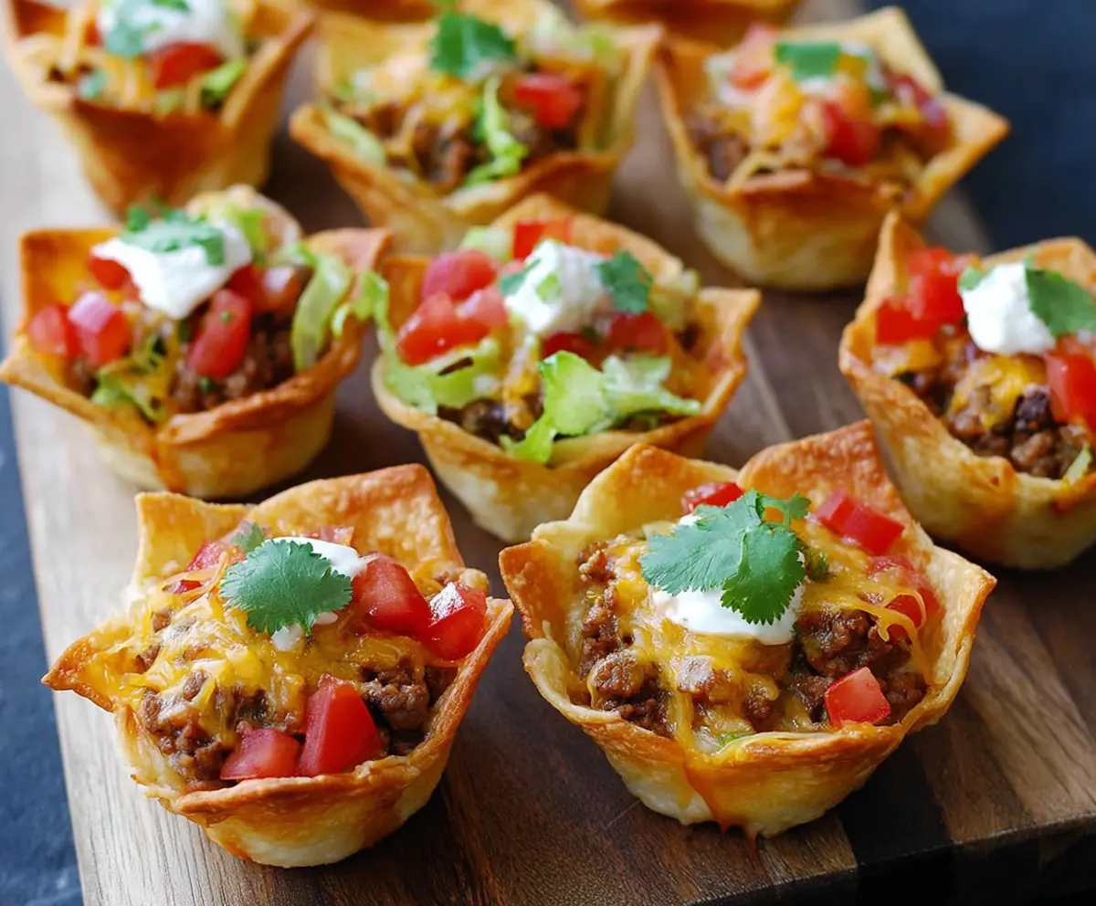 Delicious mini taco cups filled with seasoned meat, cheese, and fresh toppings ready to serve.