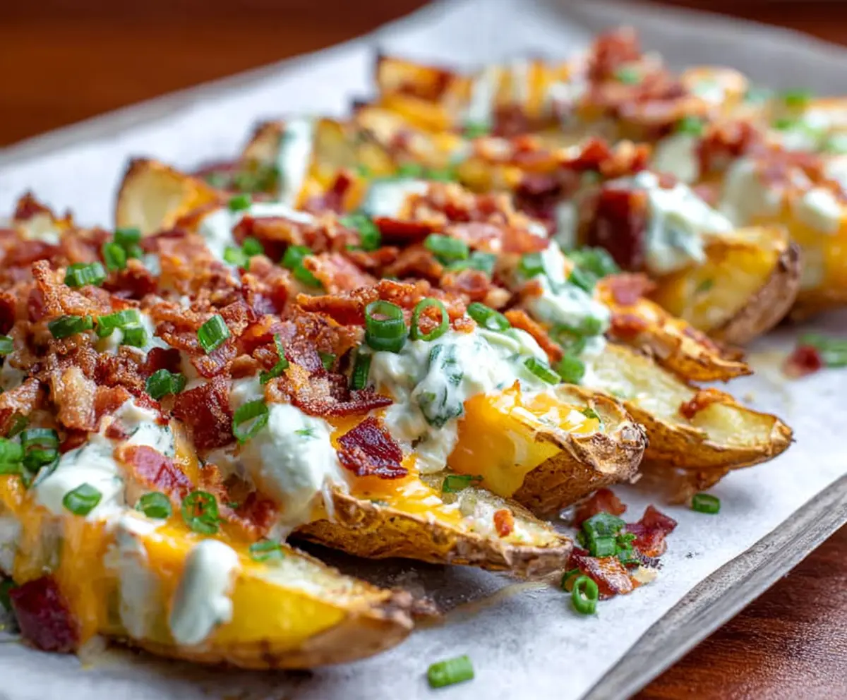 Delicious loaded baked potato wedges topped with cheese, bacon, and green onions on a rustic plate.