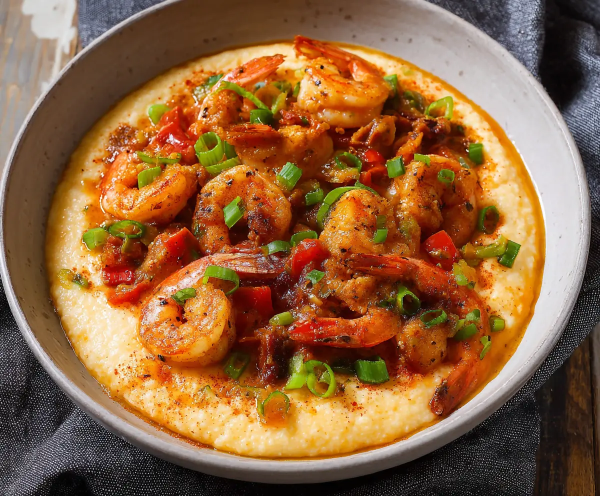 Savory Louisiana Shrimp and Grits dish served in a bowl, featuring tender shrimp atop creamy grits garnished with herbs.
