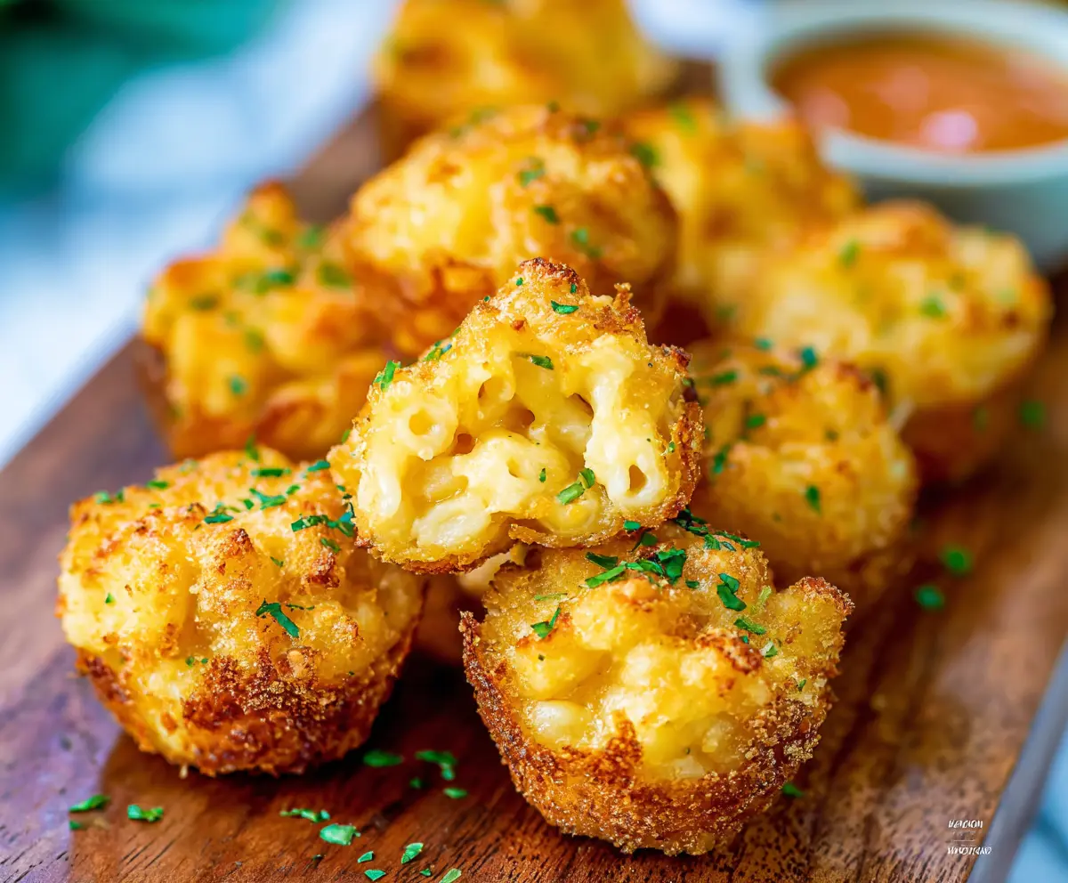 Delicious homemade mac and cheese bites served on a plate, perfect for snacks or parties.