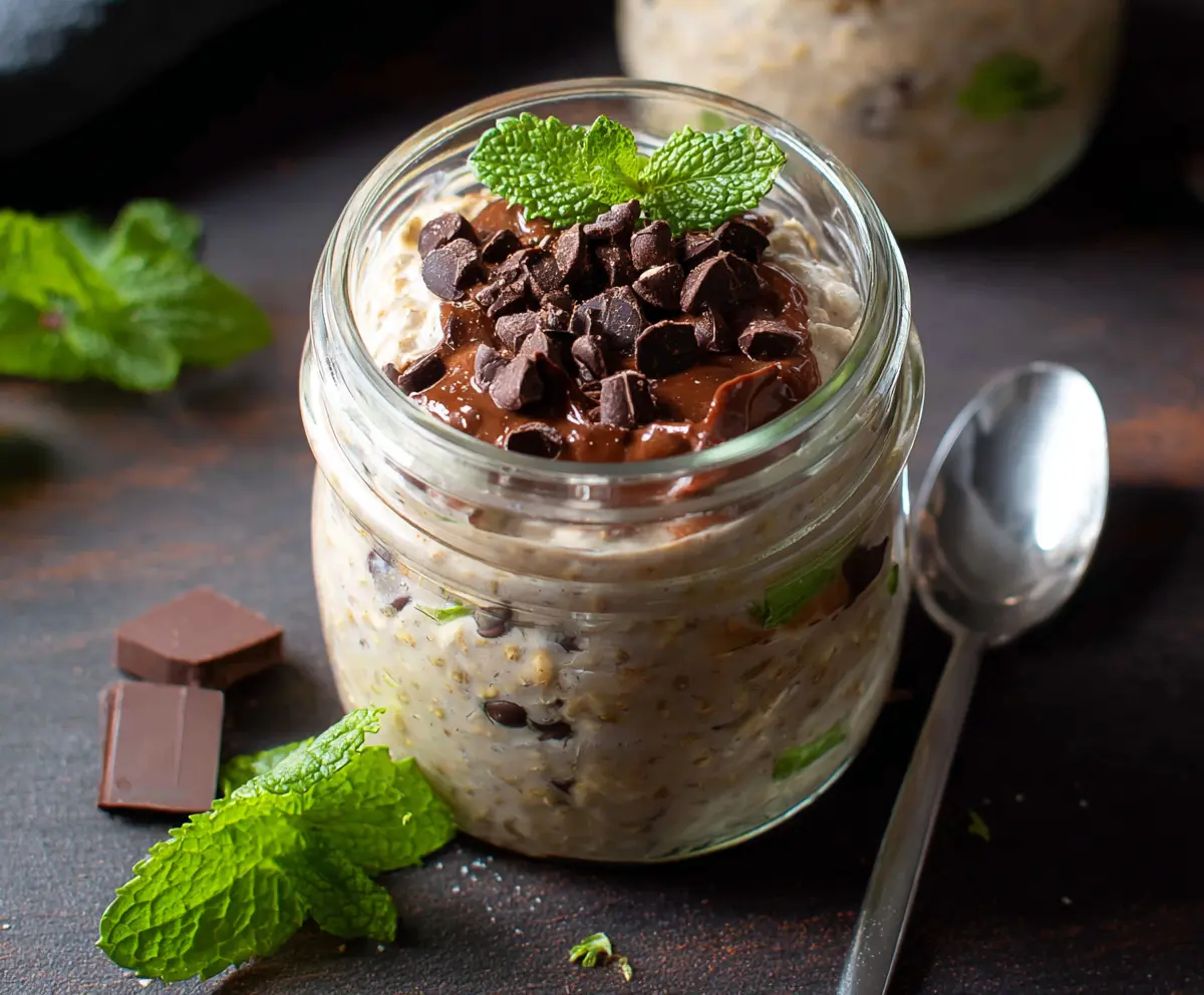Creamy overnight oats with fresh mint and chocolate chips in a glass jar for a delicious Mint Chocolate Chip Overnight Oats recipe.