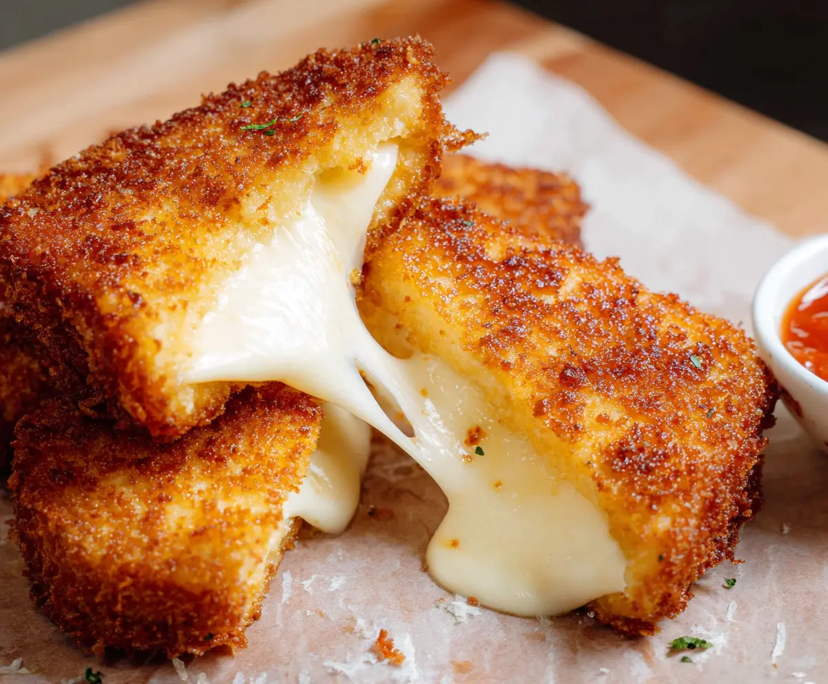 Delicious Mozzarella Carrozza showcases crispy bread with gooey melted cheese filling on a rustic plate.