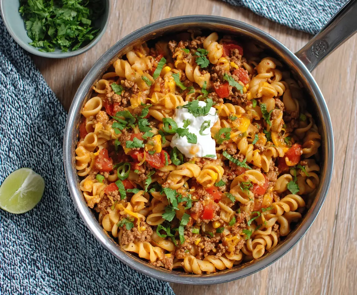 Delicious One Pot Taco Pasta in a bowl, topped with cheese and fresh cilantro